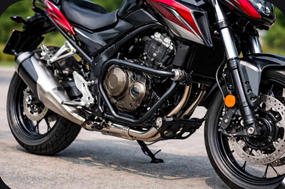Motorcycle with crash guard installed showing front engine protection