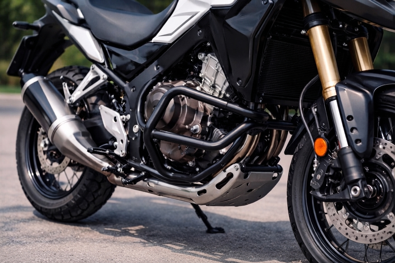 Adventure motorcycle with leg guards and crash bars installed