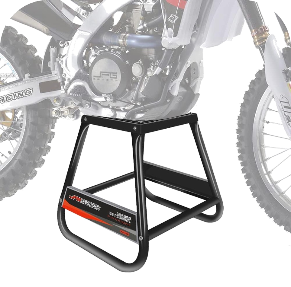 Black dirt bike service stand with motorcycle mounted